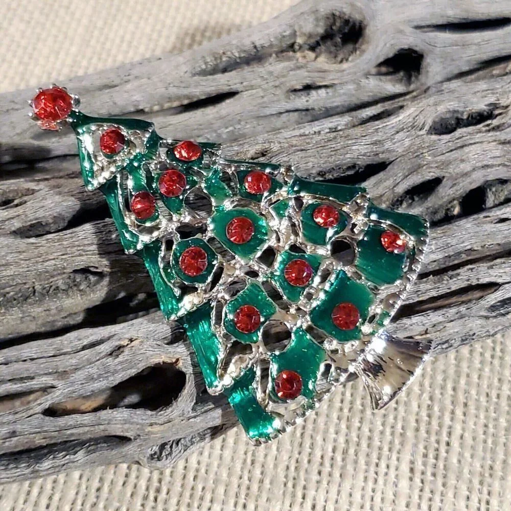 Y2K 90s VintageRed Rhinestone Christmas Tree Enamel Christmas Sweater Pin Brooch